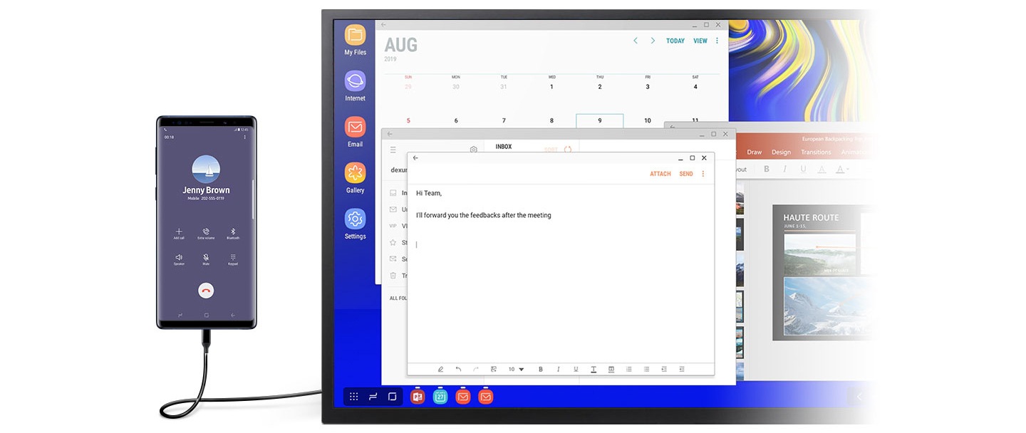 Un moniteur en mode DeX affiche plusieurs fenêtres ouvertes à l'écran, dont Calendrier, Courriel et Microsoft PowerPoint. Un téléphone intelligent affichant l'écran d'appel est connecté au moniteur par un DeX Cable.