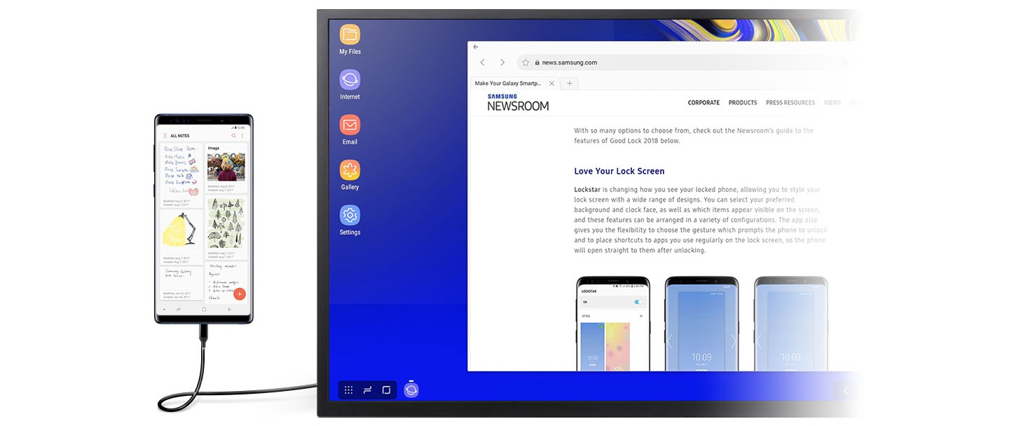 Un moniteur en mode DeX affiche un navigateur ouvert à l'écran. Un téléphone intelligent affichant l'application Samsung Notes à l'écran est connecté au moniteur par un DeX Cable.