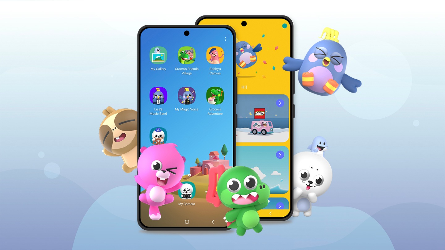 Deux téléphones intelligents sont montrés. Le téléphone à l’avant affiche les icônes de l’application Samsung Kids. Le téléphone à l’arrière affiche l’interface utilisateur Samsung Kids. Les personnages du village de Samsung Kids : Cooki, Crocro, Bobby, Lisa, Leo et Finn sont rassemblés près des téléphones.