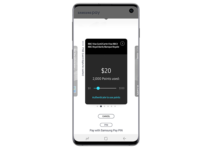 Galaxy S10e vu de l’avant avec l’application Samsung Pay apparaissant à l’écran. L’écran affiche les options pour sélectionner le montant de points utilisés pour l’achat.