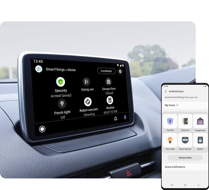 À gauche, une image d’un système d’infodivertissement de voiture connecté à SmartThings et affichant le menu « Ma maison ». À droite, un téléphone intelligent Galaxy affiche la page des paramètres Android Auto avec plusieurs options de commande. La commande « Moniteur de sécurité » sous « Moniteur de maison SmartThings » est désactivée. Les commandes « Arriver à la maison » et « Bienvenue à la maison » sont activées sous « Scènes ». À l’extérieur des options « Cour arrière », « Porte de garage » et « Cuisine » sous « Appareils », seule l’option « Porte de garage » est activée.