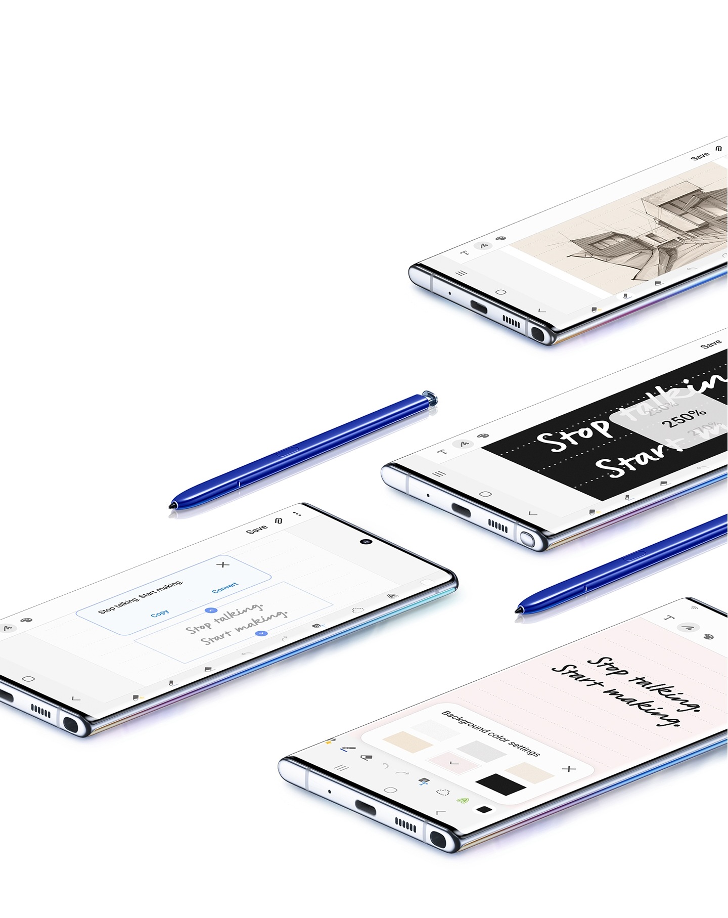 Quatre téléphones Galaxy Note10+ posés à plat, l’écran vers le haut, avec diverses Samsung Notes sur les écrans, et deux stylets S Pen bleu. L’un des écrans montre le croquis d’un bâtiment, un autre affiche la fonctionnalité d’exportation de texte, le suivant une note avec l’IUG du zoom superposé, et enfin le dernier téléphone affiche une écriture à la main et le menu des paramètres de la couleur d’arrière-plan.