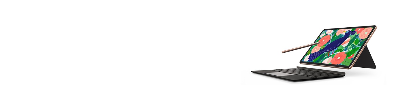 Vue à angle du Galaxy Tab S7+ soulevé par le clavier avec étui-support à rabat rigide. Le clavier est détaché en dessous. Un stylet S est suspendu dans les airs et pointe vers l’écran. L’écran affiche une illustration éclatante d’un oiseau au milieu de feuilles et de fleurs. Vue à angle du Galaxy Tab S7+ soulevé par le clavier avec étui-support à rabat rigide. Le clavier est détaché en dessous. Un stylet S est suspendu dans les airs et pointe vers l’écran. L’écran affiche une illustration éclatante d’un oiseau au milieu de feuilles et de fleurs.