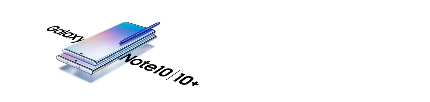 Le Galaxy Note10 repose sur le Galaxy Note10 plus, les deux appareils sont à plat, écran vers le haut et en angle. Un stylet intelligent S Pen bleu se trouve sur le Galaxy Note10. L’écran de chaque téléphone affiche un dégradé abstrait et, à côté des téléphones, se trouve le texte Galaxy Note10 | Note10 plus.