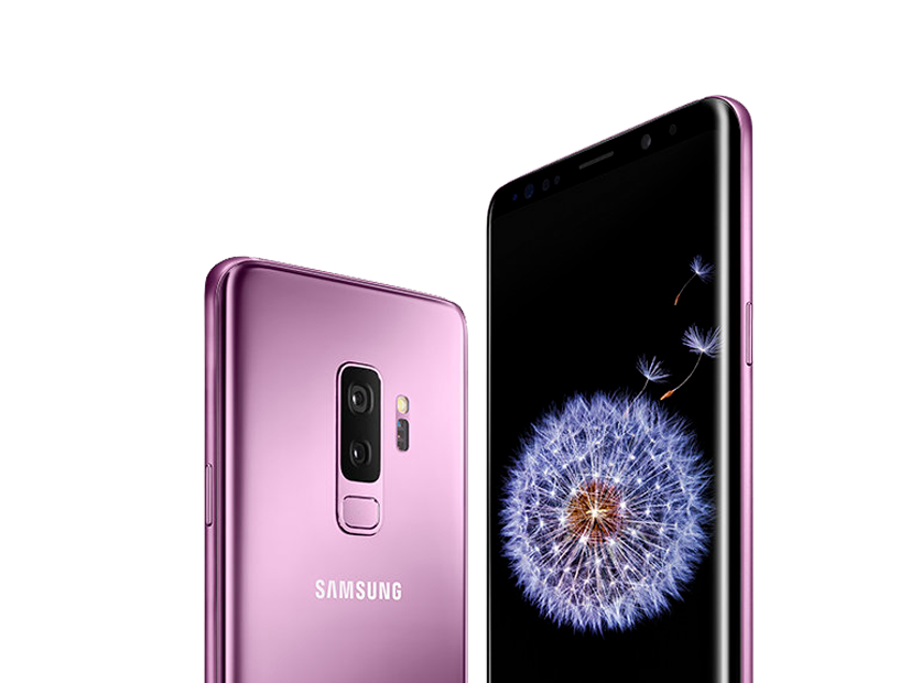Galaxy S9+ seen from the rear and the front in lilac purple, with a dandelion on-screen