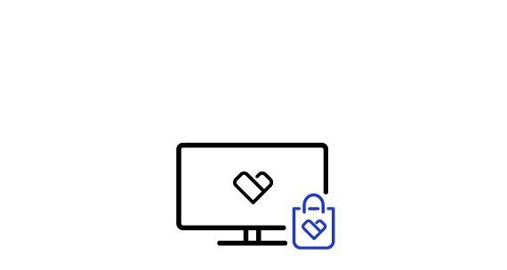Une icône pour « Boutique en ligne Samsung Care+ » : un écran d’ordinateur affichant le logo Samsung Care+ en forme de cœur, superposé à un petit sac de courses dans le coin inférieur droit, avec le même logo Samsung Care+.