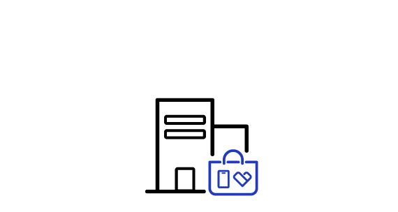 Une icône pour la « Boutique expérience+ Samsung » : deux grands immeubles, recouverts d’un petit sac de courses dans le coin inférieur droit. Le sac de courses porte l’icône d’un téléphone intelligent et le logo Samsung Care+ en forme de cœur.
