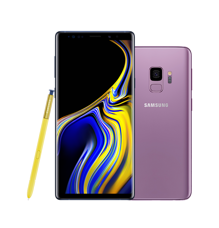Deux Galaxy Note9 bleu océan, un vu de derrière et un vu de devant, avec une image d’un tourbillon bleu et jaune à l’écran et stylet S Pen jaune posé contre lui