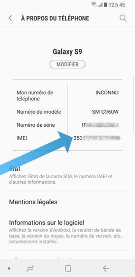 Galaxy S9 : Accéder au code IIEM ou IMEI (SM-G960W)