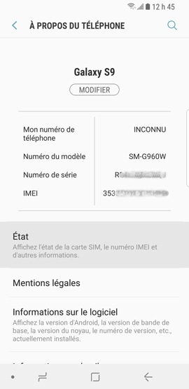 Galaxy S9 : Accéder au code IIEM ou IMEI (SM-G960W)