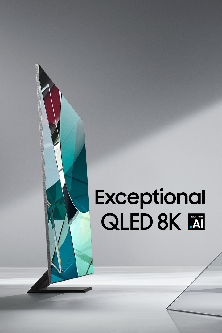 Un téléviseur QLED 2020 de Samsung doté de la technologie par boîte quantique est debout de côté. Et affiche la qualité inégalée de la technologie QLED 8K et l’icône du processeur quantique IA.