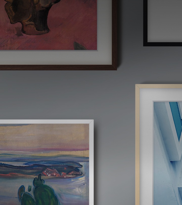 Le téléviseur The Frame ressemble à une vraie œuvre d’art. Il est fixé sur le mur et affiche des œuvres d’art de styles variés.