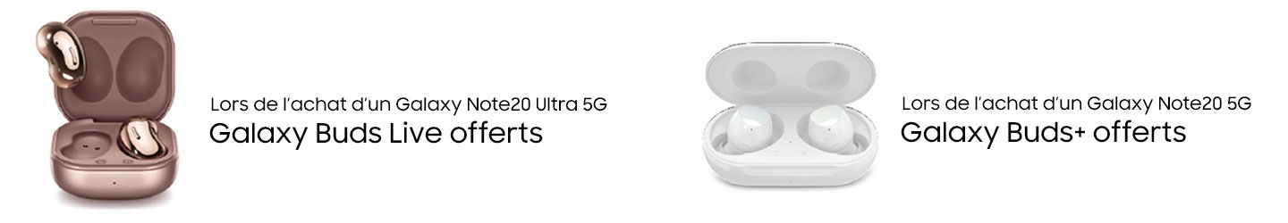 Cadeau : Galaxy Buds Live I Galaxy Buds+ Image des nouveaux Galaxy Buds Live in Mystic Bronze avec étui de chargement et Galaxy Buds plus en blanc