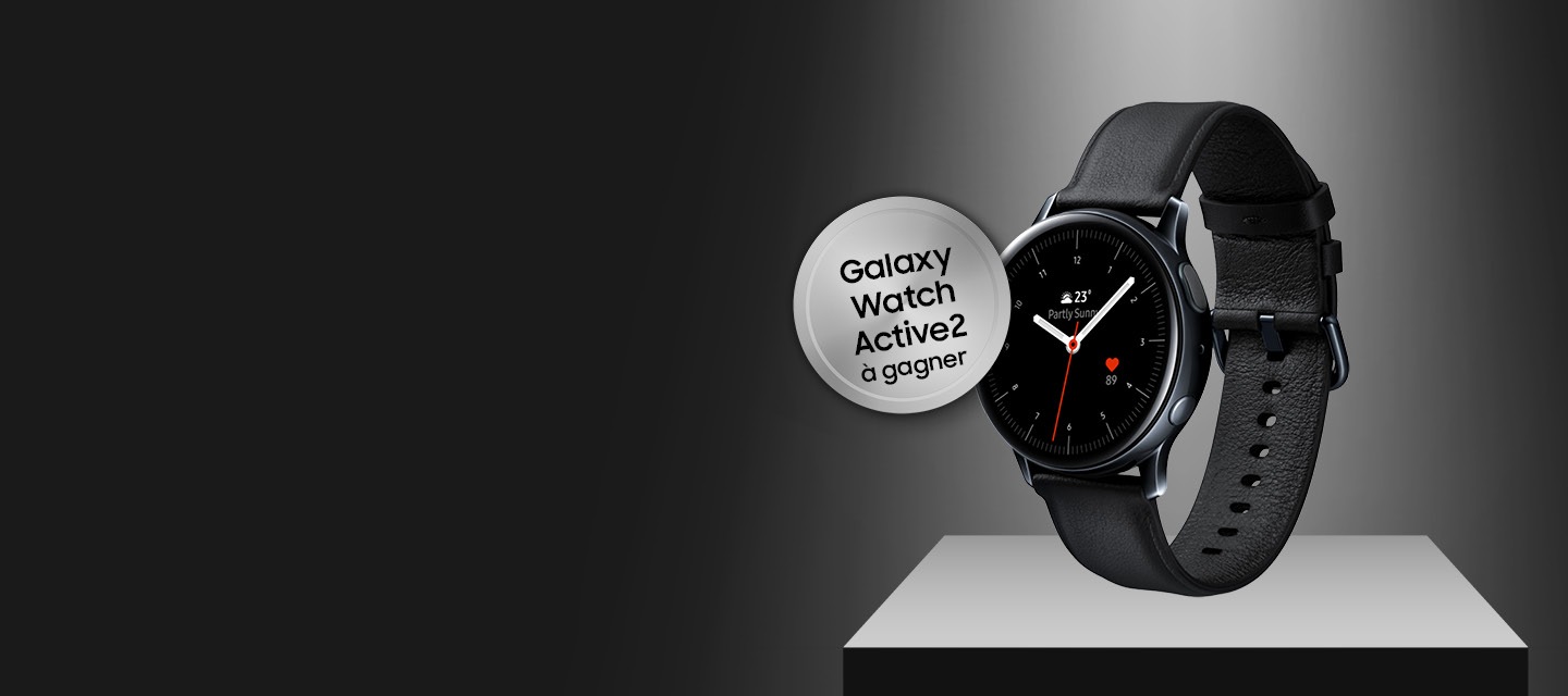 La photo montre un Galaxy Watch Active2 noir avec un perturbateur qui dit: "La victoire de Galaxy Watch Active2"