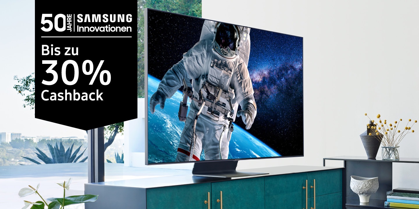 Abbildung eines QLED TVs und ein Störer auf dem 50 Jahre Samsung Innovation steht, darunter Bis zu 30% Cashback