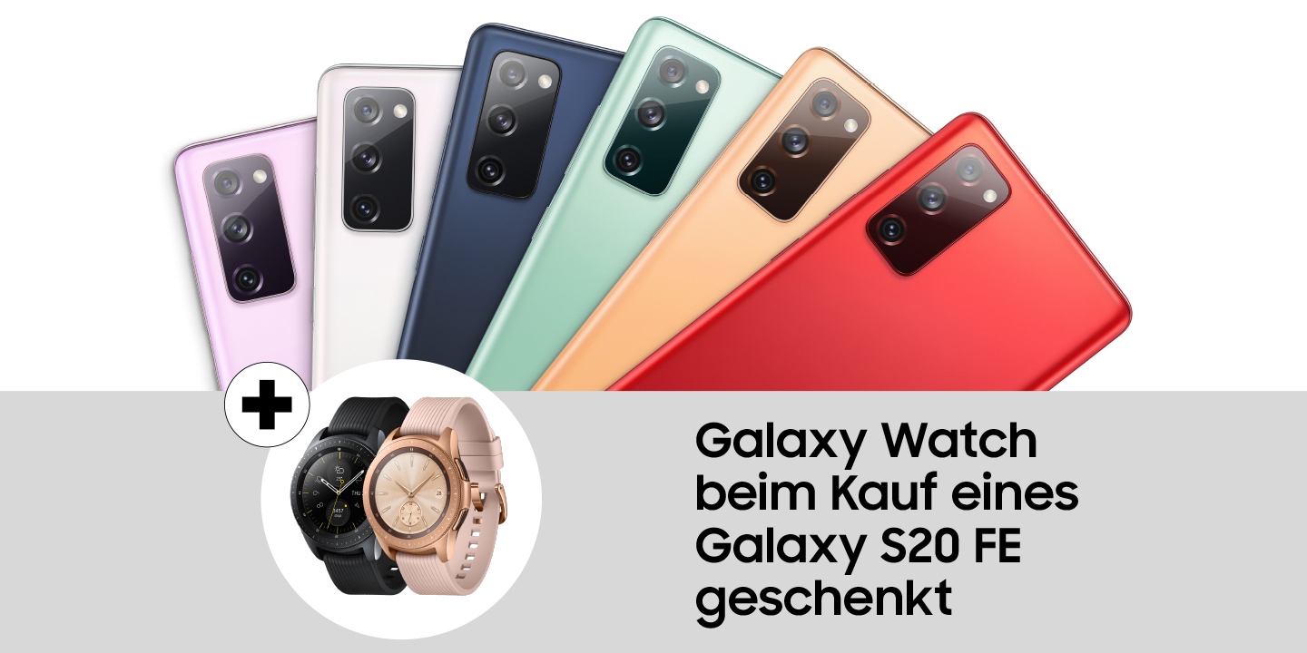 Samsung Galaxy S20 FE | S20 FE 5G Galaxy Watch Promotion Abbildung der Galaxy S20 FE Serie. Ganz unterst ist ein grauer Aktionsbanner abgebildet mit einem Set Galaxy Watch in Rose Gold und Schwarz.