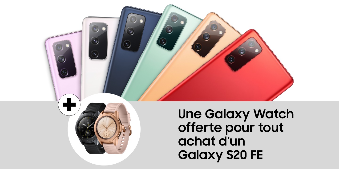 Samsung Galaxy S20 FE | S20 FE 5G Galaxy Watch Promotion Image de la série Galaxy S20 FE. Tout en bas se trouve une bannière d'action grise avec un ensemble de montres Galaxy en or rose et noir.