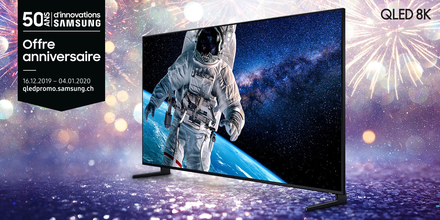 Photo d'un téléviseur QLED 8K et d'un perturbateur sur lequel reposent 50 ans d'innovation Samsung, y compris jusqu'à 50% de remise en espèces.