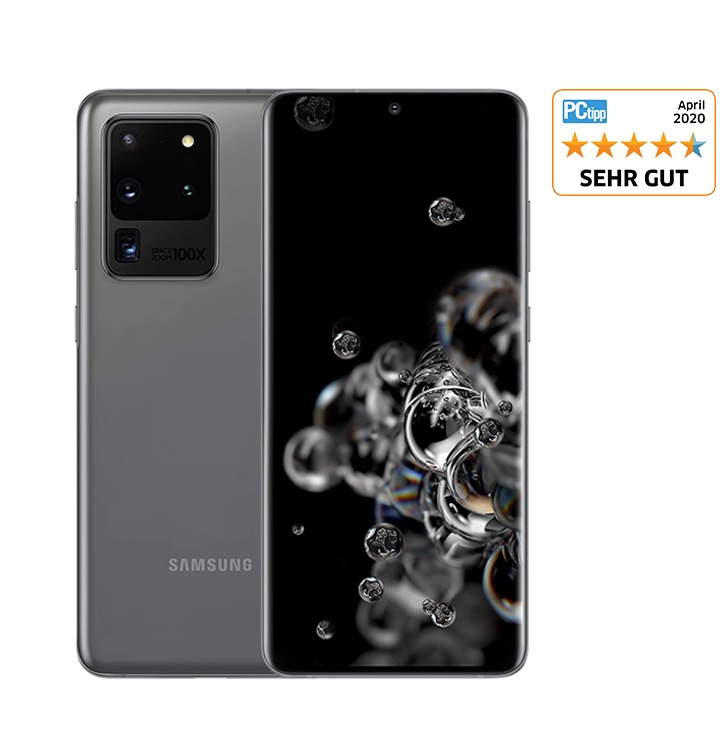 Zwei Galaxy S20 Ultra 5G-Handys in Graustufen, eines von hinten und eines von vorne mit der Blasengrafik auf dem Bildschirm.