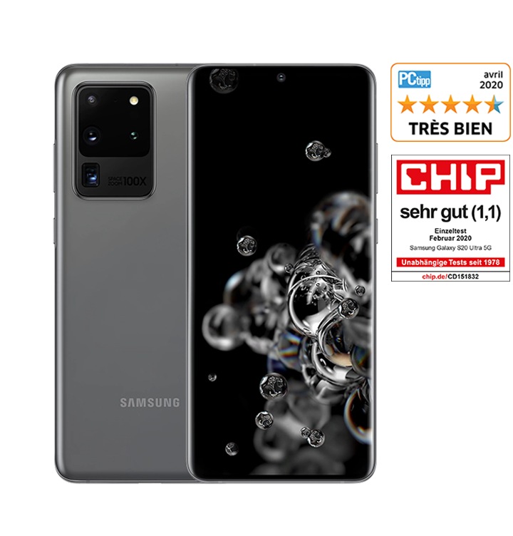 Deux téléphones Galaxy S20 Ultra en Cosmic Grey, l'un vu de l'arrière et l'autre vu de face avec le fond d'écran graphique à bulles à l'écran.