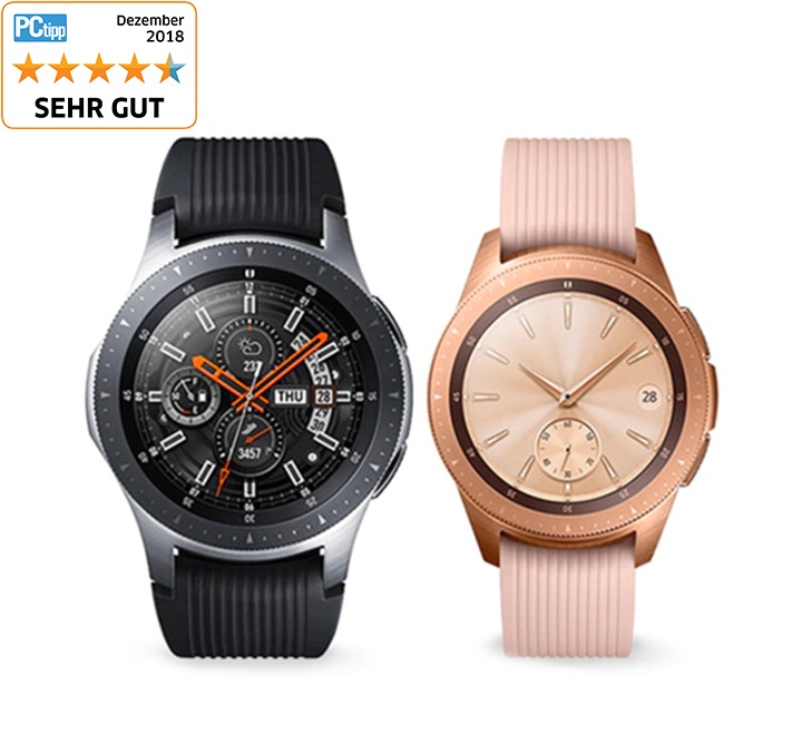 Man sieht eine schwarze Smartwatch und eine in Rosé Gold von der Vorderseite