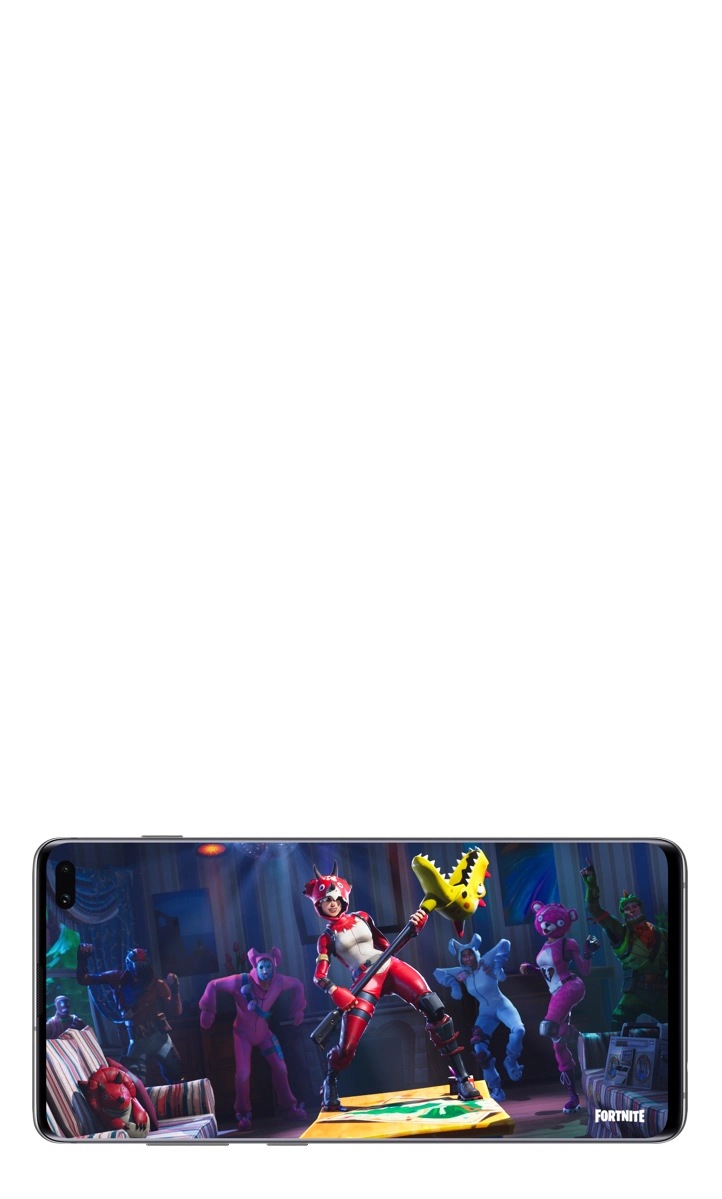 Die Umrisse eines Galaxy S10 + mit einem In-Game-Bildschirm einer weiblichen Fortnite Figur in einem Triceratops-Skin mit einer Waffe, die am Ende einen Dinosaurierkopf hat.