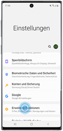 Erweiterte Funktionen ist in den Einstellungen des Galaxy Note10 markiert.