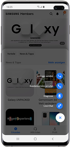 Weitere Optionen der Samsung Members App werden im Galaxy S10+ 5G angezeigt.