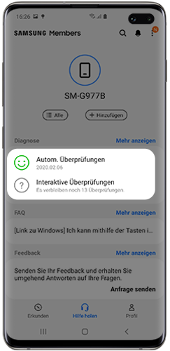 Übersicht des Hilfebereichs in der Samsung Members App.