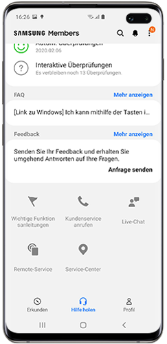 Hilfebereich der Samsung Members App mit Kontakt.