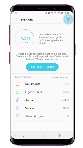 Samsung Galaxy S9/S9 plus, Speicher, weitere Optionen antippen