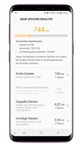 Samsung Galaxy S9/S9 plus, Loesch-Option auswaehlen, Grosse Dateien, Nicht verwendete Dateien, Doppelte Dateien, Unnoetige Dateien