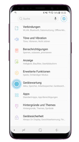 Samsung Galaxy S9/S9 plus, Geraetewartung antippen