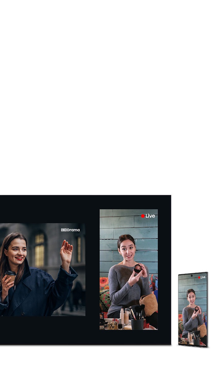 QLED Multi View zeigt zwei Bildschirme, den eines TVs und den eines Smartphones mit Screen Mirroring.