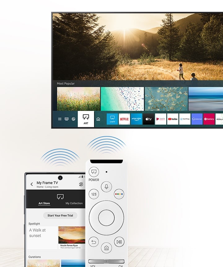Es wird gezeigt, wie The Frame mit der One Remote Control gesteuert wird. Auf einem Smartphone-Display ist die SmartThings-App mit Kunstwerken aus dem Art Store zu sehen und der Smart Hub auf dem TV-Bildschirm zeigt diese Kunstwerke zusammen mit anderen Inhalten, die ausgewählt werden können.
