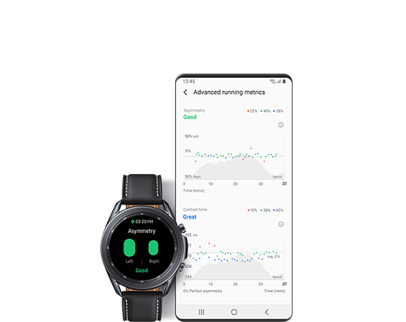 Une Galaxy Watch affiche l’asymétrie de ses pieds. Un écran d’interface utilisateur graphique (GUI) affiche des mesures de fonctionnement avancées, notamment l’asymétrie et le temps de contact de la frappe.