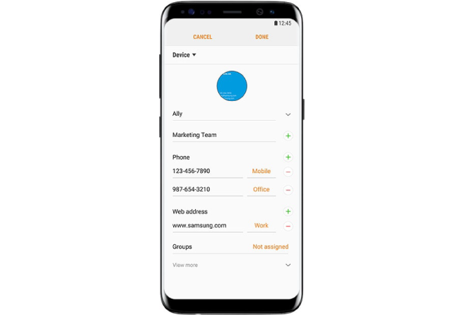 Galaxy S8 with example of using Bixby to scan business card and having the contact details added automatically