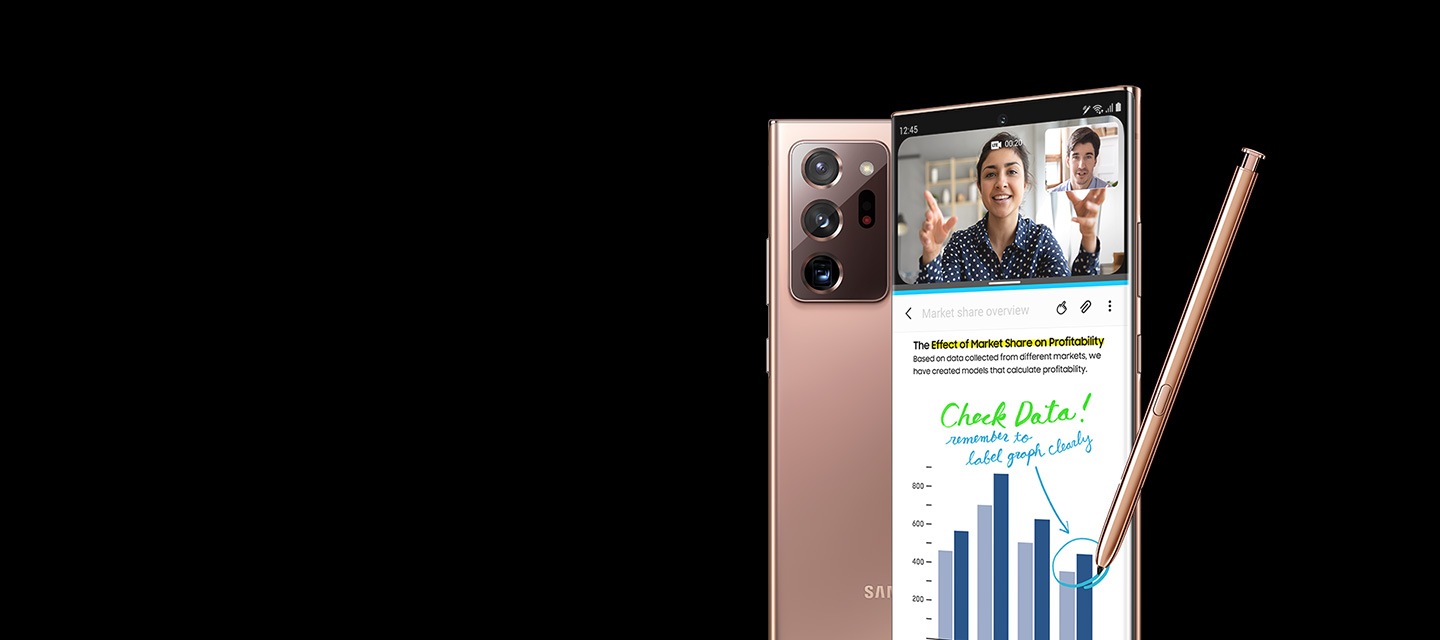 La moitié supérieure de deux téléphones Galaxy Note20 Ultra 5G en Mystic Bronze, l'un vu de dos et l'autre de face de trois quarts. Celui vu de face affiche deux applications en mode écran partagé, avec un appel vidéo en haut et l'application Samsung Notes en bas, montrant à quel point il est facile d'exécuter plusieurs tâches à la fois sur le Galaxy Note20 Ultra 5G.