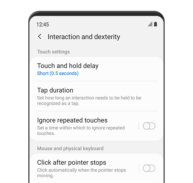 Le menu «Interaction et dextérité» est affiché. Menu «Réglages des touches» comprenant «Toucher et maintenir l‘attente», «Durée de la touche» et «Ignorer les touches répétées».