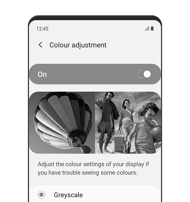 Se muestra el menú “Ajuste del color”. El ajuste del color está “activado” y se ha seleccionado la escala de grises. El texto descriptivo dice lo siguiente: Regula los ajustes de color de la pantalla si tienes dificultades para ver algunos colores.