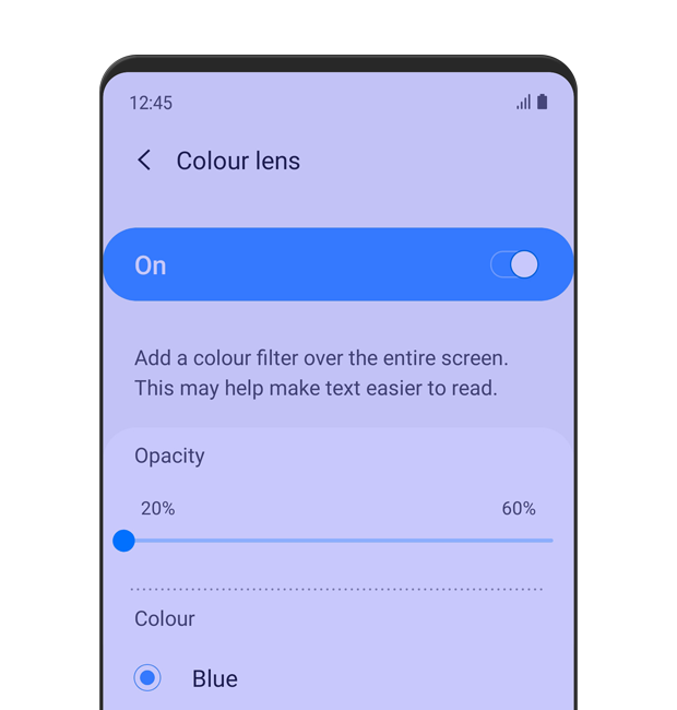 Se muestra el menú “Filtros de color”. La opción Filtros de color está “activada”, con un 20 % de opacidad y el color azul seleccionado. El texto descriptivo dice lo siguiente: Agrega un filtro de color en toda la pantalla. Esto puede facilitar la lectura del texto.
