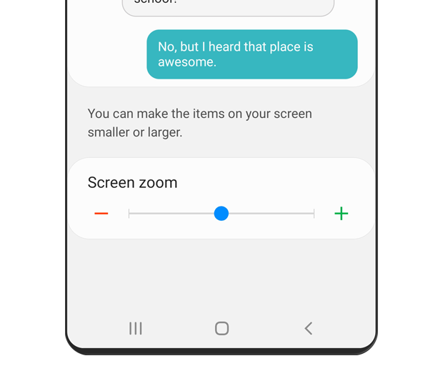 La barra de desplazamiento del zoom de pantalla está configurada en el centro. El texto descriptivo dice lo siguiente: Puedes agrandar o achicar los elementos de la pantalla.