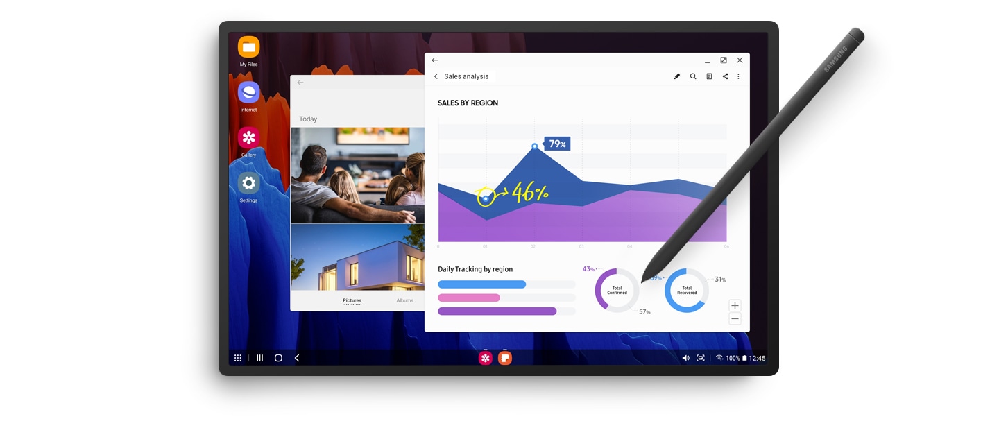 Una tableta con varias imágenes en la pantalla que se están editando con un Galaxy S Pen.