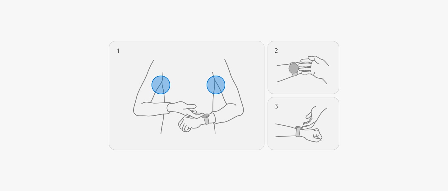Se muestra un collage de tres fotos ilustradas. En el sentido de las agujas del reloj, de izquierda a derecha, la primera foto muestra a una persona con los brazos separados y alejados del cuerpo, de manera que los brazos y las axilas no se tocan. La zona de las axilas está resaltada en azul. La siguiente foto muestra un reloj inteligente en una muñeca con los dedos corazón y anular de la otra mano presionando los dos sensores del reloj inteligente. La última foto muestra los dedos corazón y anular sobre los sensores del reloj inteligente y sin hacer contacto con la otra mano.