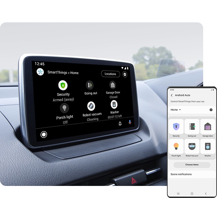 A la izquierda, un sistema de infoentretenimiento para autos conectado a SmartThings muestra el menú “Inicio”. A la derecha, un teléfono inteligente Galaxy muestra la página de configuración de Android Auto con varias opciones de comandos, como Seguridad, Salir, Puerta del garaje, etc.