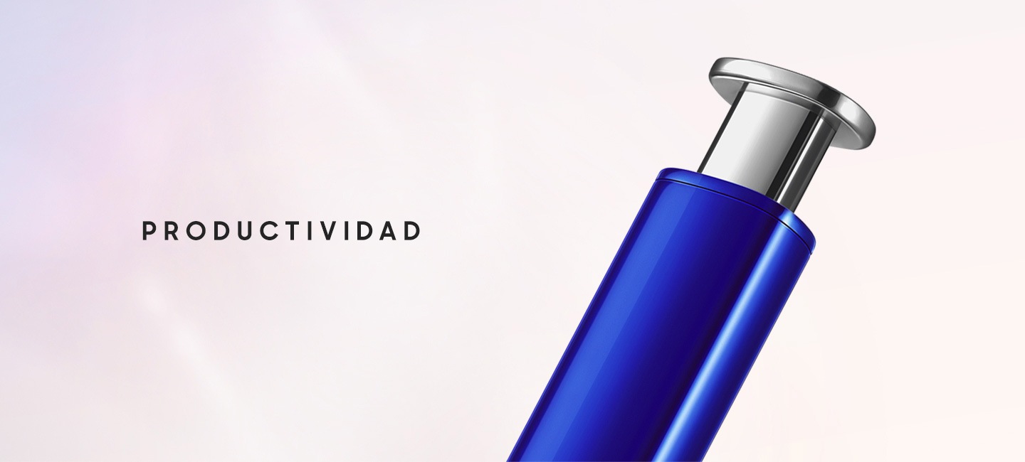 Primer plano de la parte superior de un S Pen azul, que muestra la parte superior para hacer clic en plateado con el texto “PRODUCTIVIDAD”.