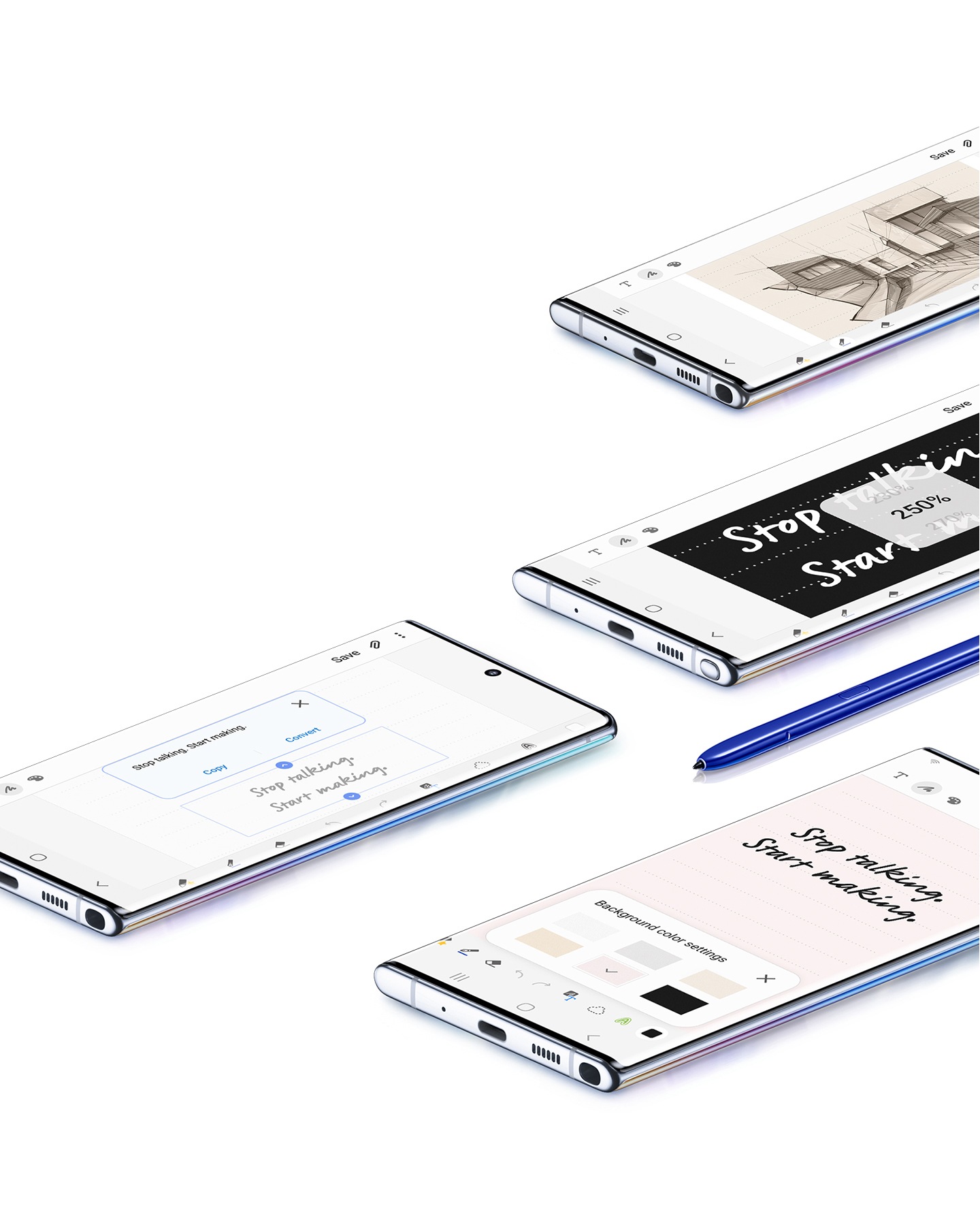 Cuatro teléfonos Galaxy Note10+ boca arriba con diversos usos de Samsung Notes en las pantallas, y dos S Pen azules. Una de las pantallas muestra el boceto de un edificio; otra muestra la exportación de texto; la siguiente muestra una nota con GUI de acercamiento superpuesta, y la pantalla del último teléfono muestra una escritura con el menú de ajustes de color de fondo.
