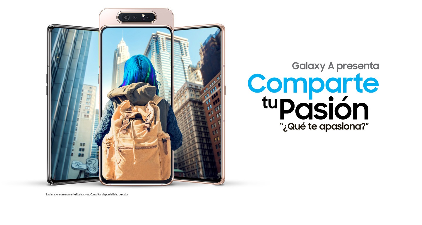 Imagen de tres Galaxy A80s uno frente a otro, mostrando edificios de Nueva York en las pantallas. Una joven de espaldas, vista de la cintura para arriba, llevando cabello azul y una mochila, mira los edificios y los smartphones. Texto: Galaxy A presenta, Comparte tu Pasión "¿Qué te apasiona?
