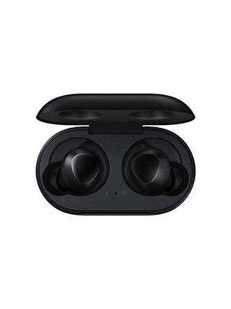 Se muestra un par de auriculares Galaxy negros dentro de un estuche de carga abierto de color negro