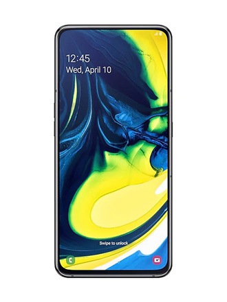 Vista frontal de un teléfono inteligente Samsung Galaxy A80 negro con un patrón espiralado amarillo y azul en la pantalla de inicio